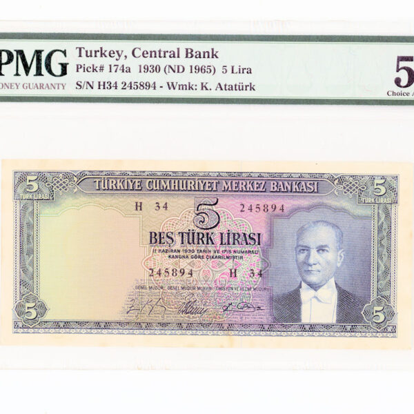 5. Emisyon 5 Lira 1961-65 TURKEY Pick # 174a PMG 58 aUNC *çilaltı